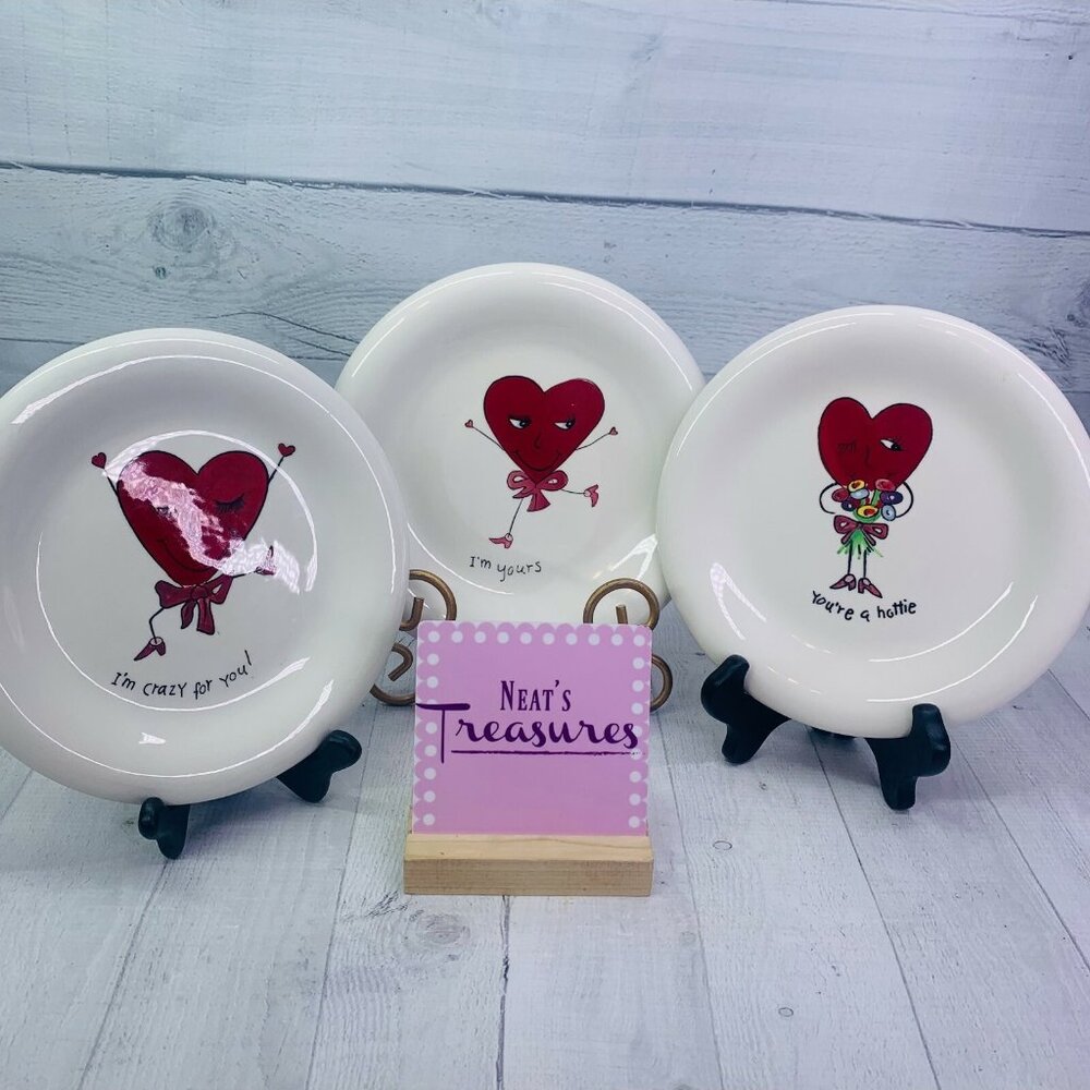 Hausenware Sally Toll RED HEARTS Valentine Words Stoneware 8" Snack Plates Set 3
